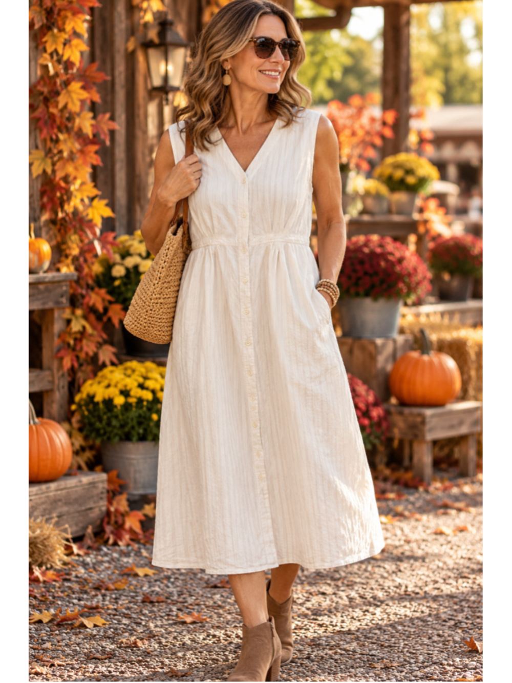 Women's Lands' End White Midi Button-Front Dress Size L